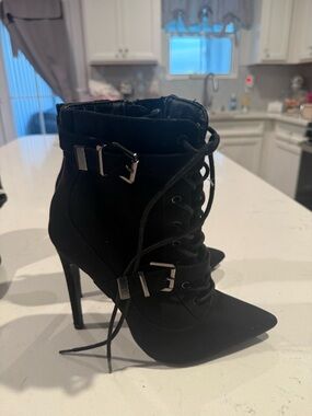 Black Lace-Up Pointed Toe Stiletto Ankle Boots - Women
